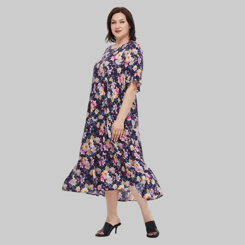 Women's Oversized Floral Print A-Line Midi Dress