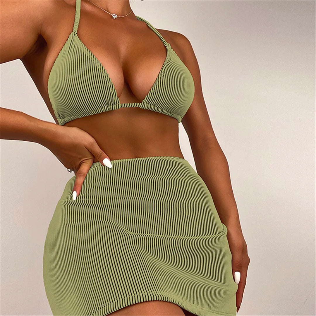 4 Colours With Skirt Ribbed Three-pieces Halter Bikini Set