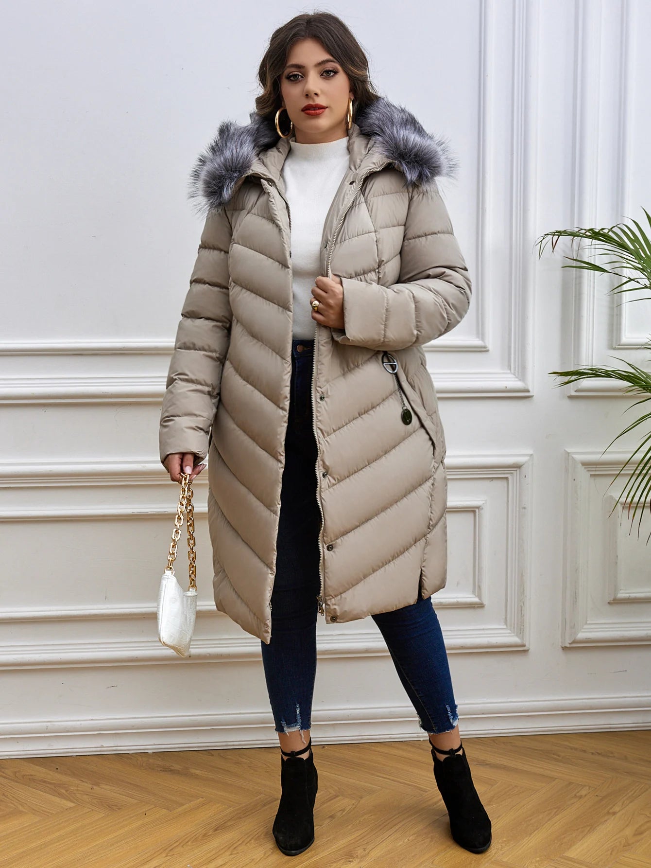 Women's Fur Collar Down Coat - Extra Long Winter Jacket