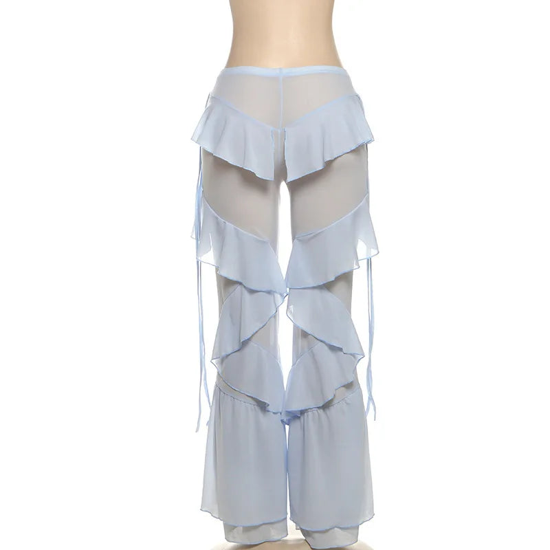 Women's Ruffled Tie Detail Flared Pants - Mesh Sheer Stretch Trousers