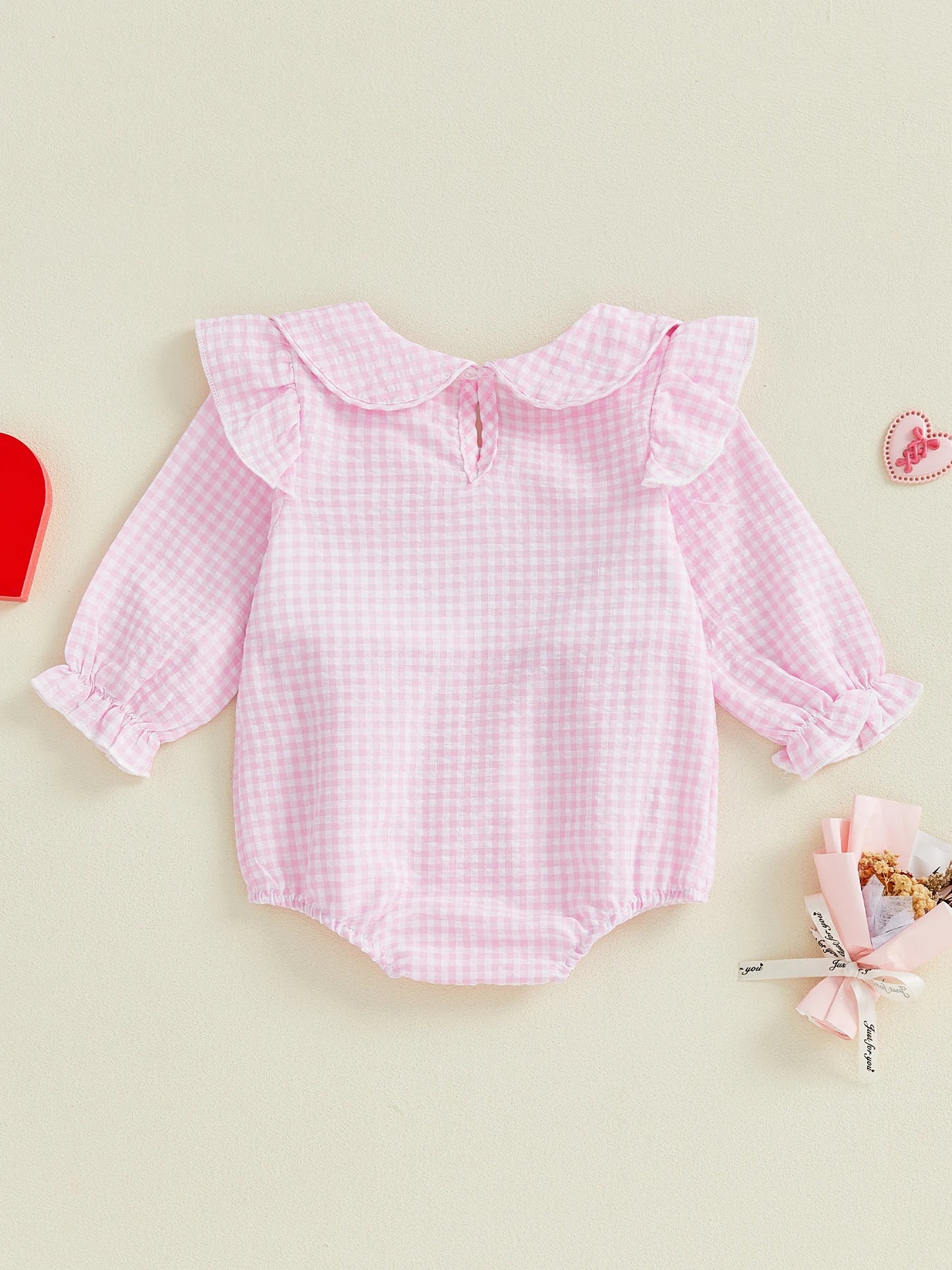 Baby Girls Valentine's Romper - Plaid Embroidered Ruffled Doll Neck Jumpsuit 0-18M