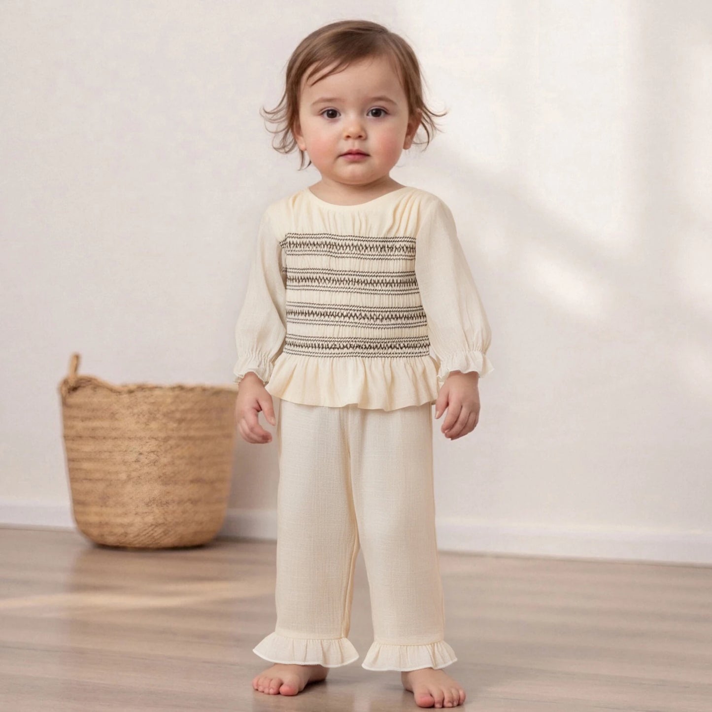Toddler Baby Girl Fall Outfit - Smocked Long Sleeve Top & Elastic Waist Ruffle Pants Set