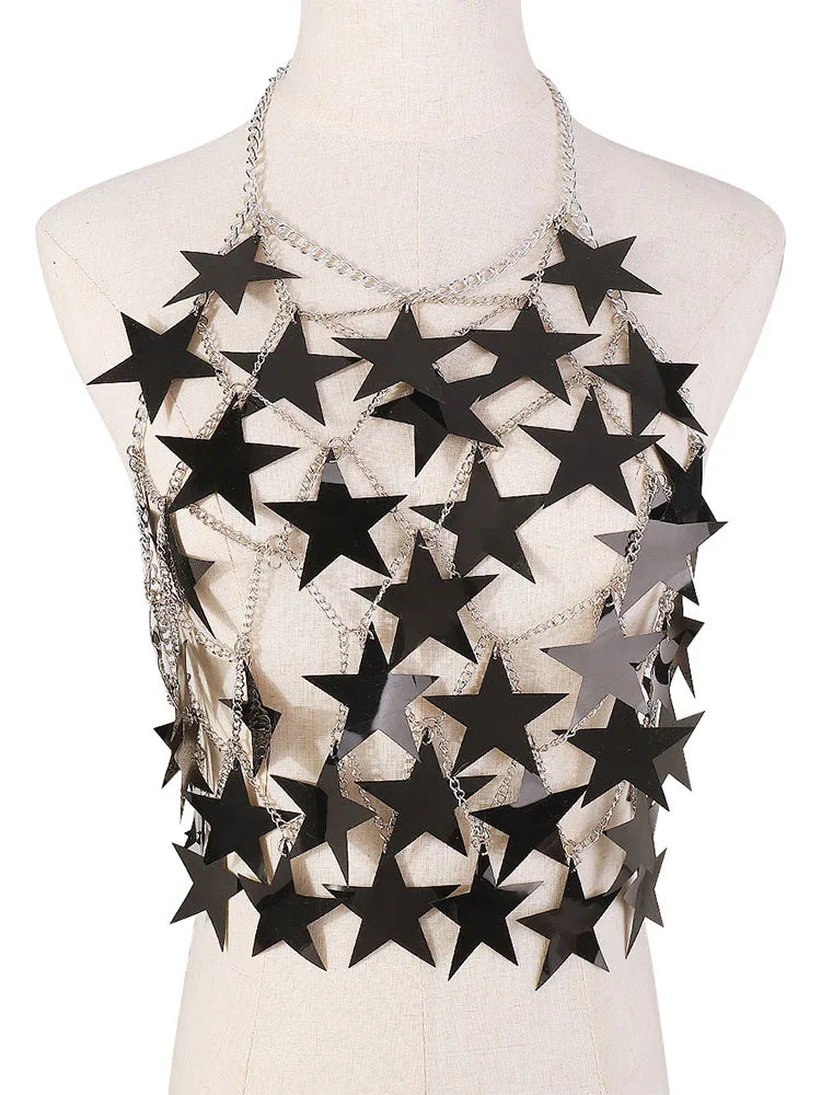 Women's Metal Stars Sequins Bikini Tank Top Women See Through Cover Up