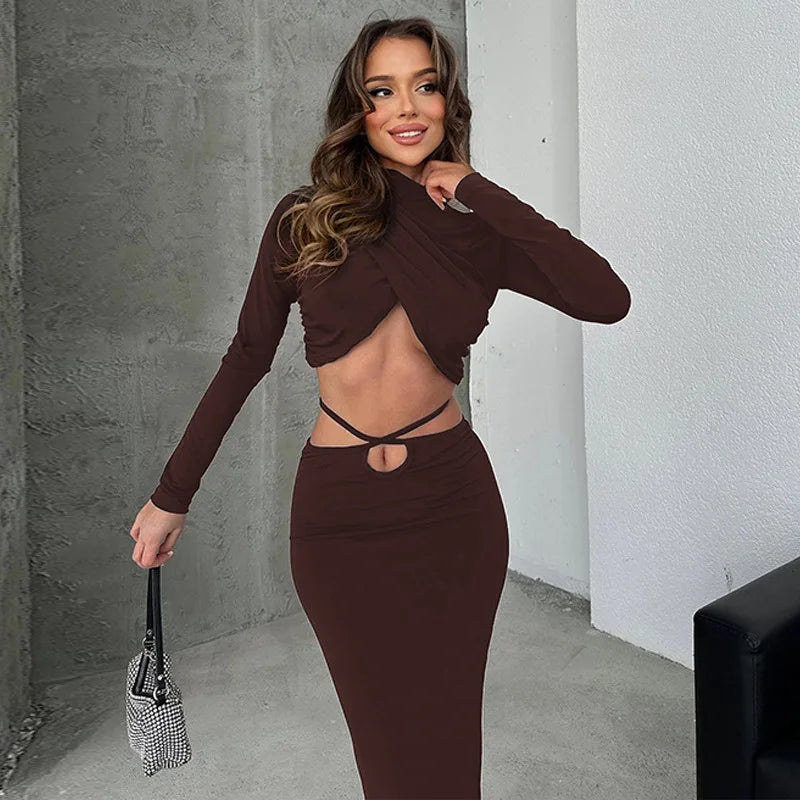 Women's Long Sleeve Crop Top Twist Ruched Slim Lace Up Navel Exposed Skirt Matching Set