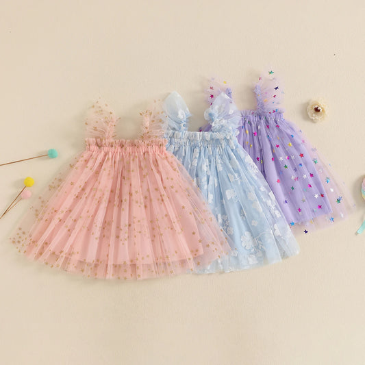 0-4YBaby Girls Summer Dress Glitter Star/Flower Print Fly Sleeve Square Neck Mesh Tulle Summer Dressress