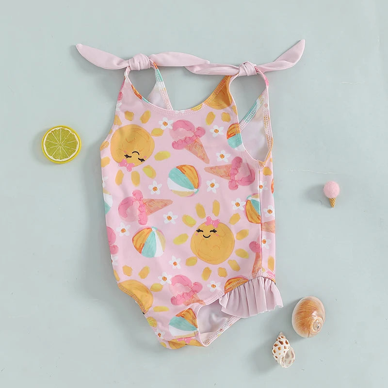 0-5Y Toddler Kids Girls Summer Swimsuits Cartoon Ice Cream Print Tie up Strap Ruffled Swimwear