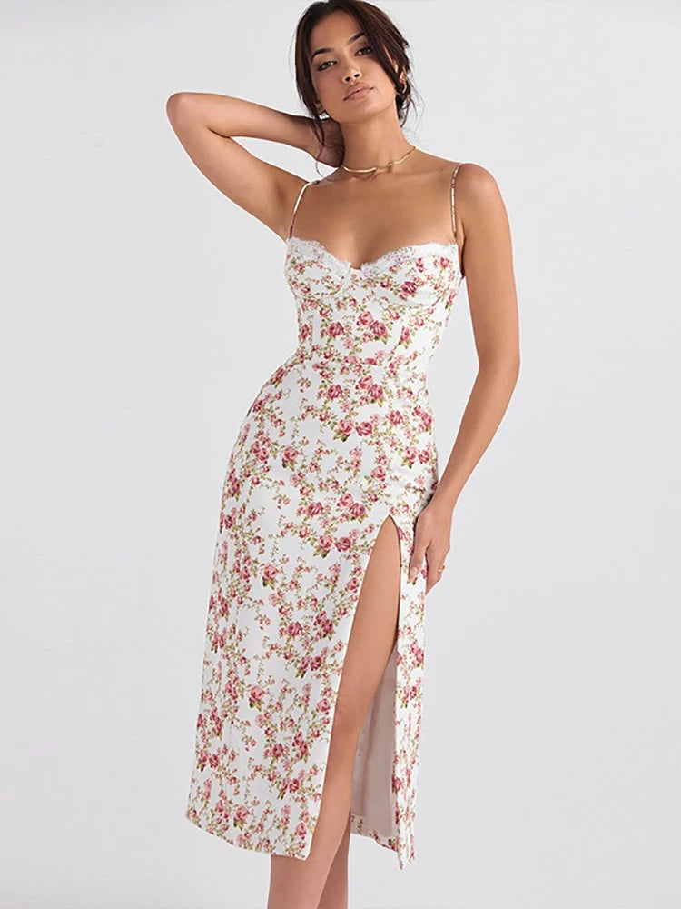 Women Lace Dress- Midi Backless Slit  Summer Elegant Floral Dress