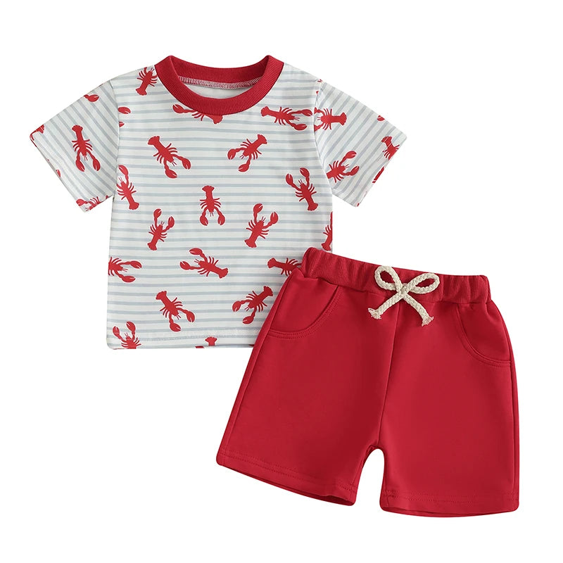 Baby Boys Striped Lobster Print Summer Set - T-Shirt & Solid Shorts (0-3Y)