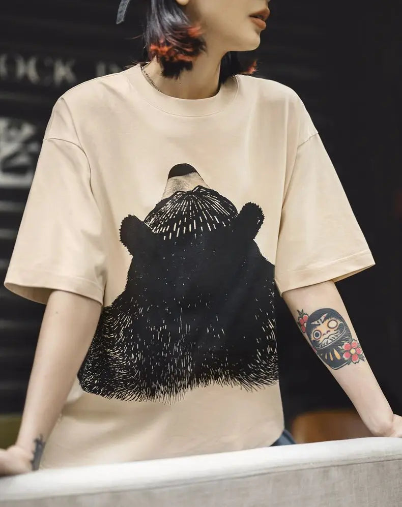 Women's Apricot Bear Print Oversized T-Shirt - Cute Loose Fit Ribbed Crew Neck Summer Tee