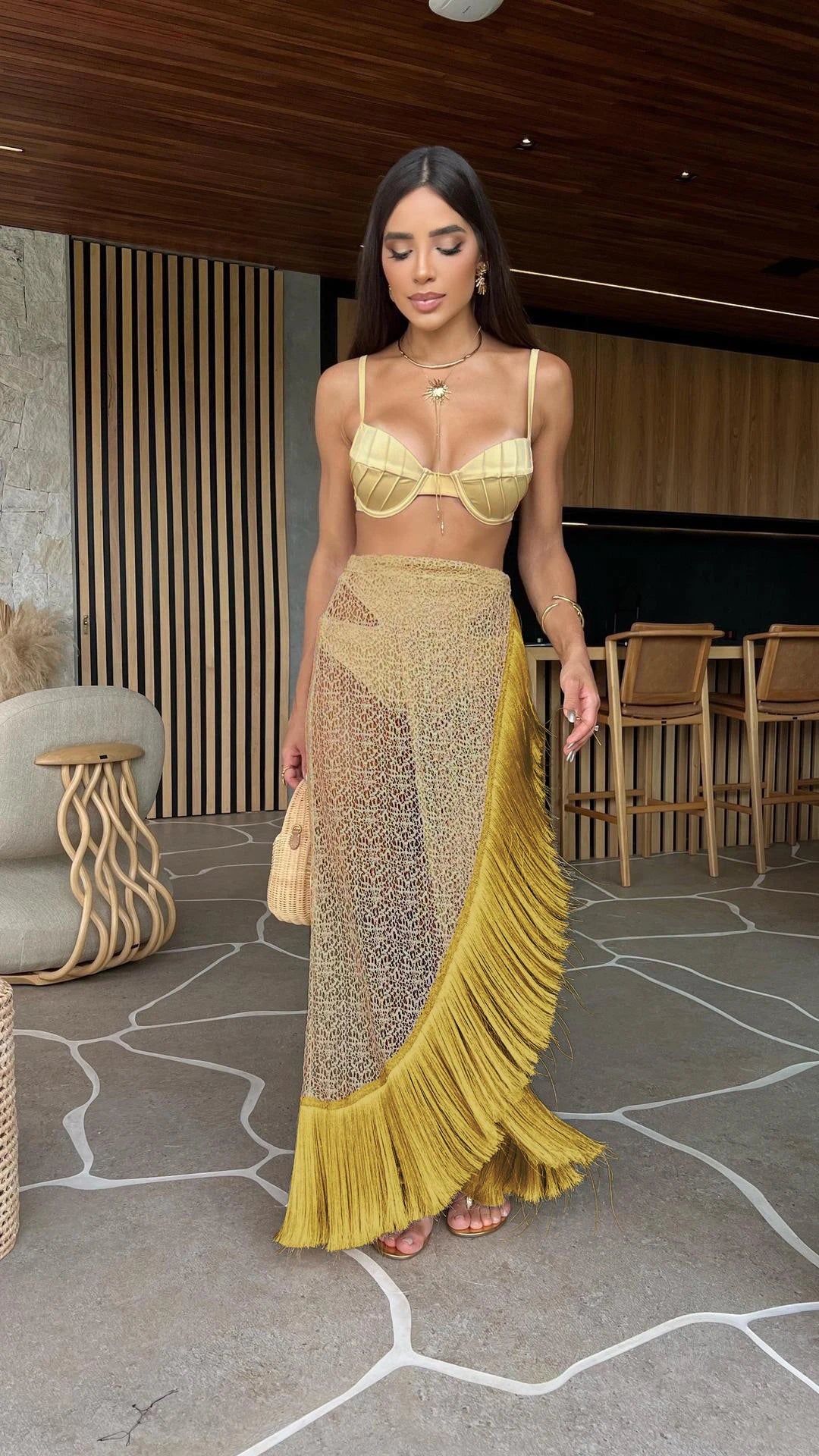 Women's 3-Piece Solid Bikini Set - Padded Bra, Tassel High Waist & Beach Skirt