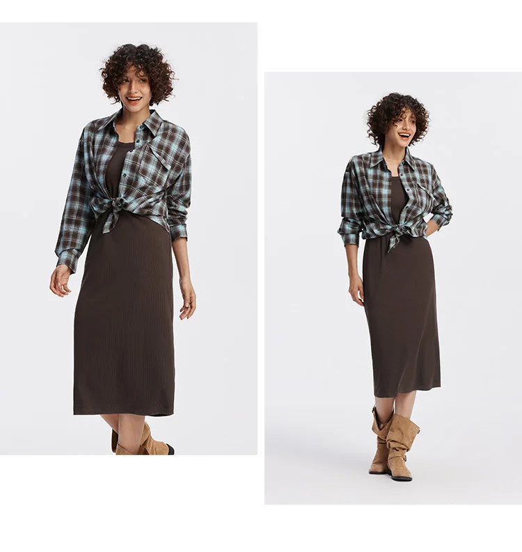 U-Neck Vest Dress & Checkered Shirt Set - Vintage Two Piece Autumn Outfit