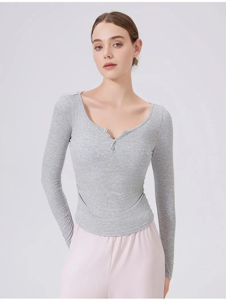 Women's Long Sleeve V-Neck Yoga Shirt - Slim Fit Breathable Workout Top
