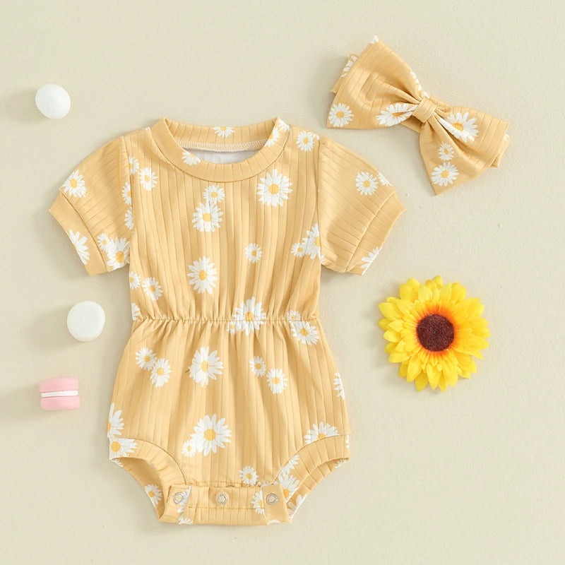 0-18M 2pcs Baby Romper Short Sleeve Sunflowers Print Elastic Waist Jumpsuits with Hairband