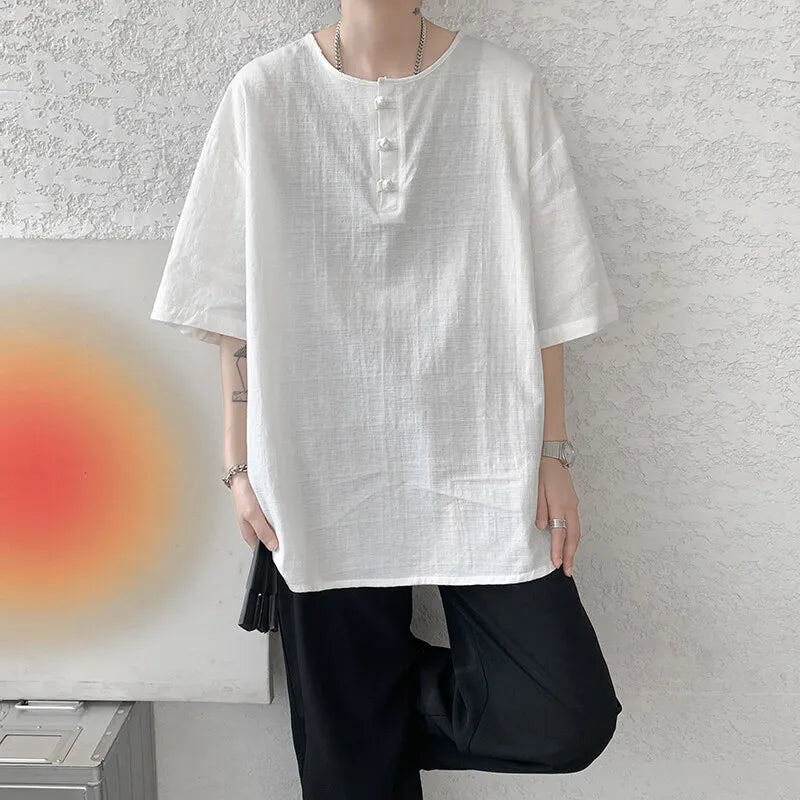 Men's Summer Cotton Linen Half Sleeve Breathable Round-Neck Loose Casual T-shirt