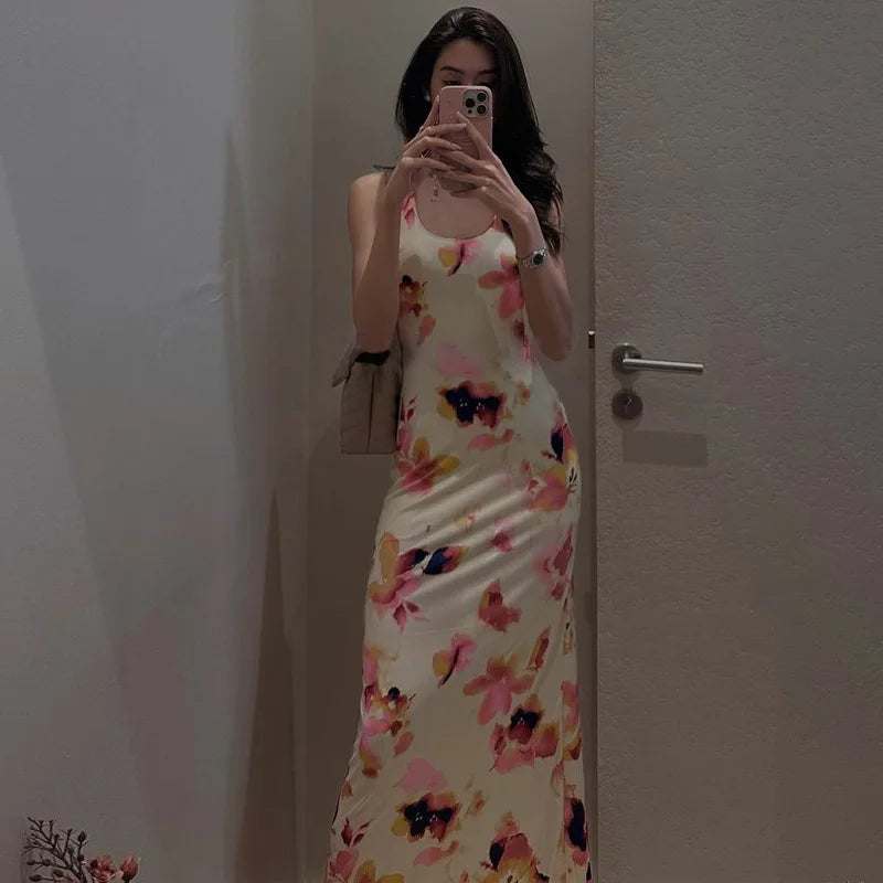 Women's Backless Floral Print Slip Maxi Sleeveless Long Dress Robe Elegant Outfit