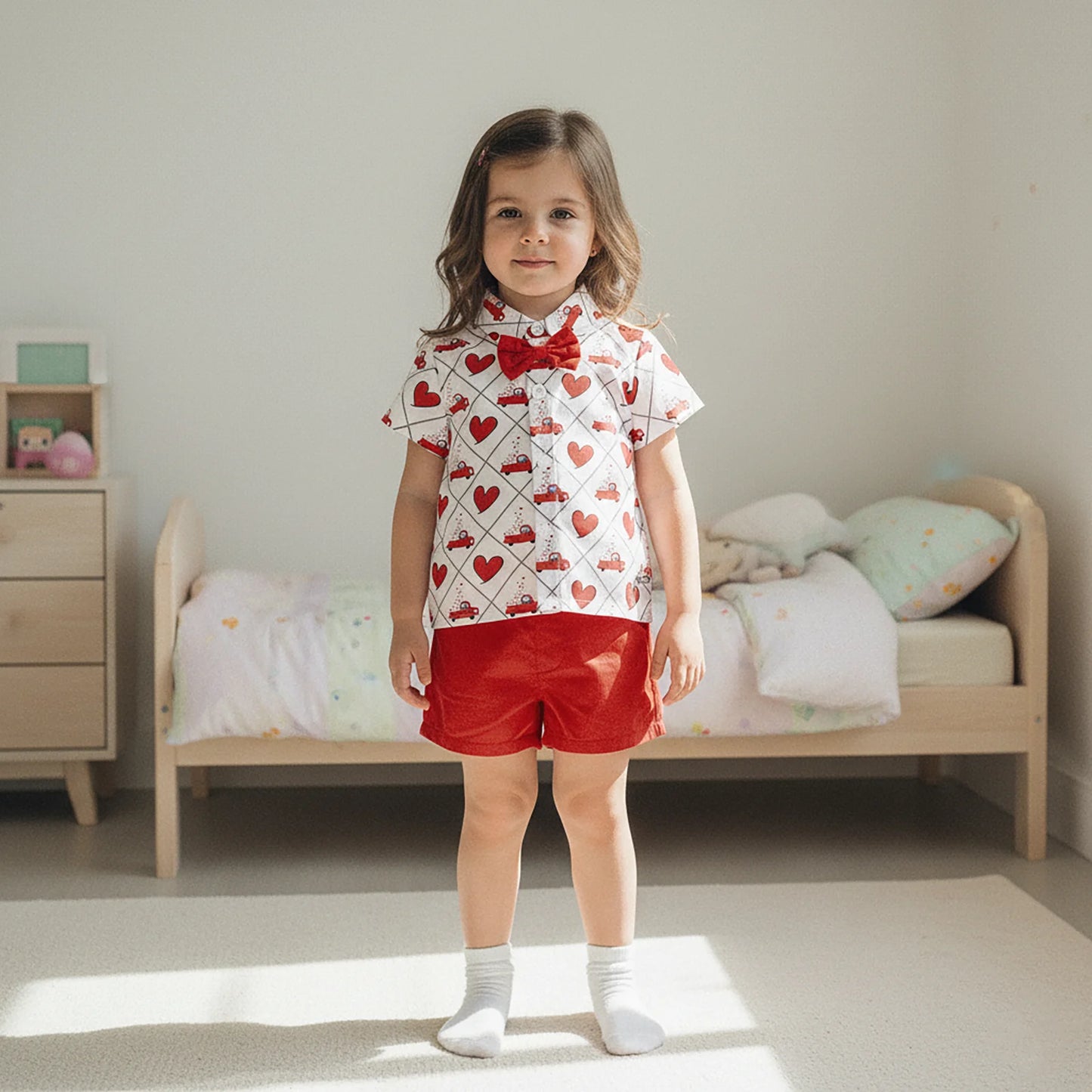 Valentine's Day Baby Boy Outfit Set - Heart Print Bowtie Shirt & Solid Shorts