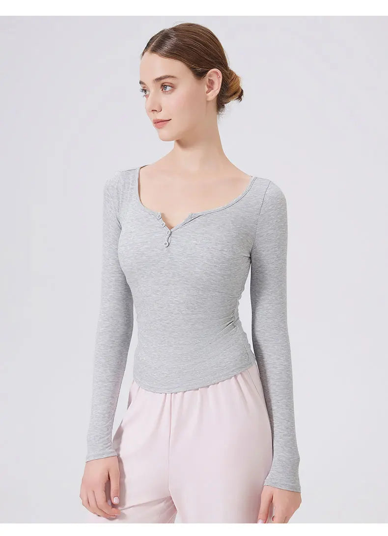 Women's Long Sleeve V-Neck Yoga Shirt - Slim Fit Breathable Workout Top