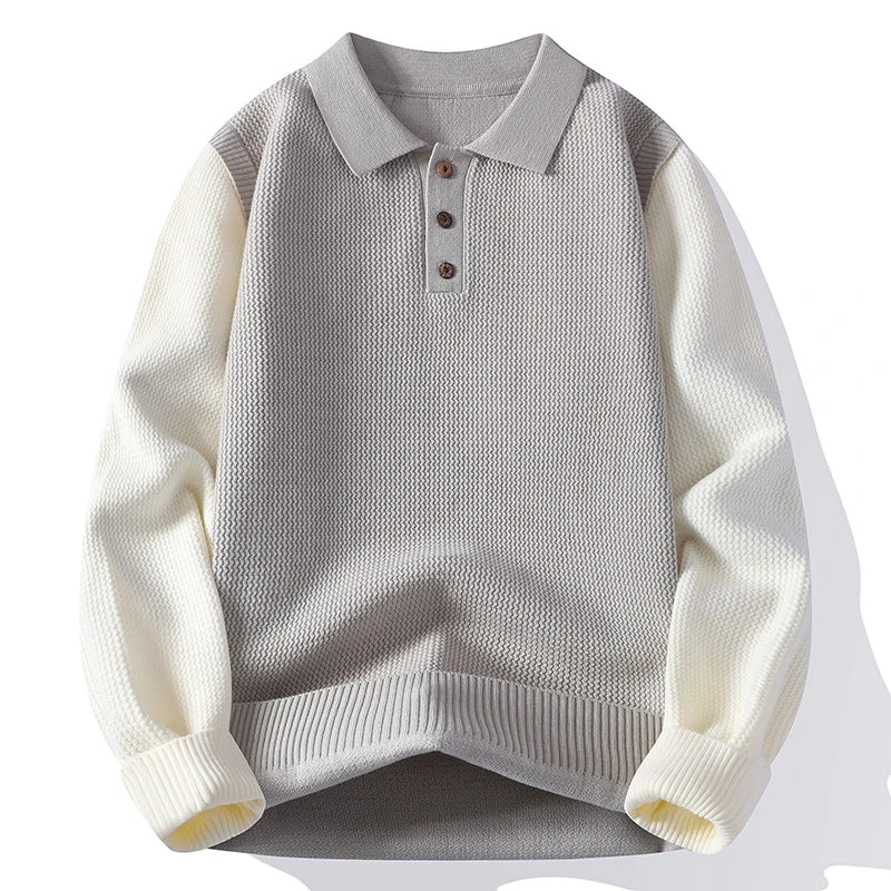 Men's Turn-Down Collar Knitted Pullover - Patchwork Long Sleeve Casual Sweater