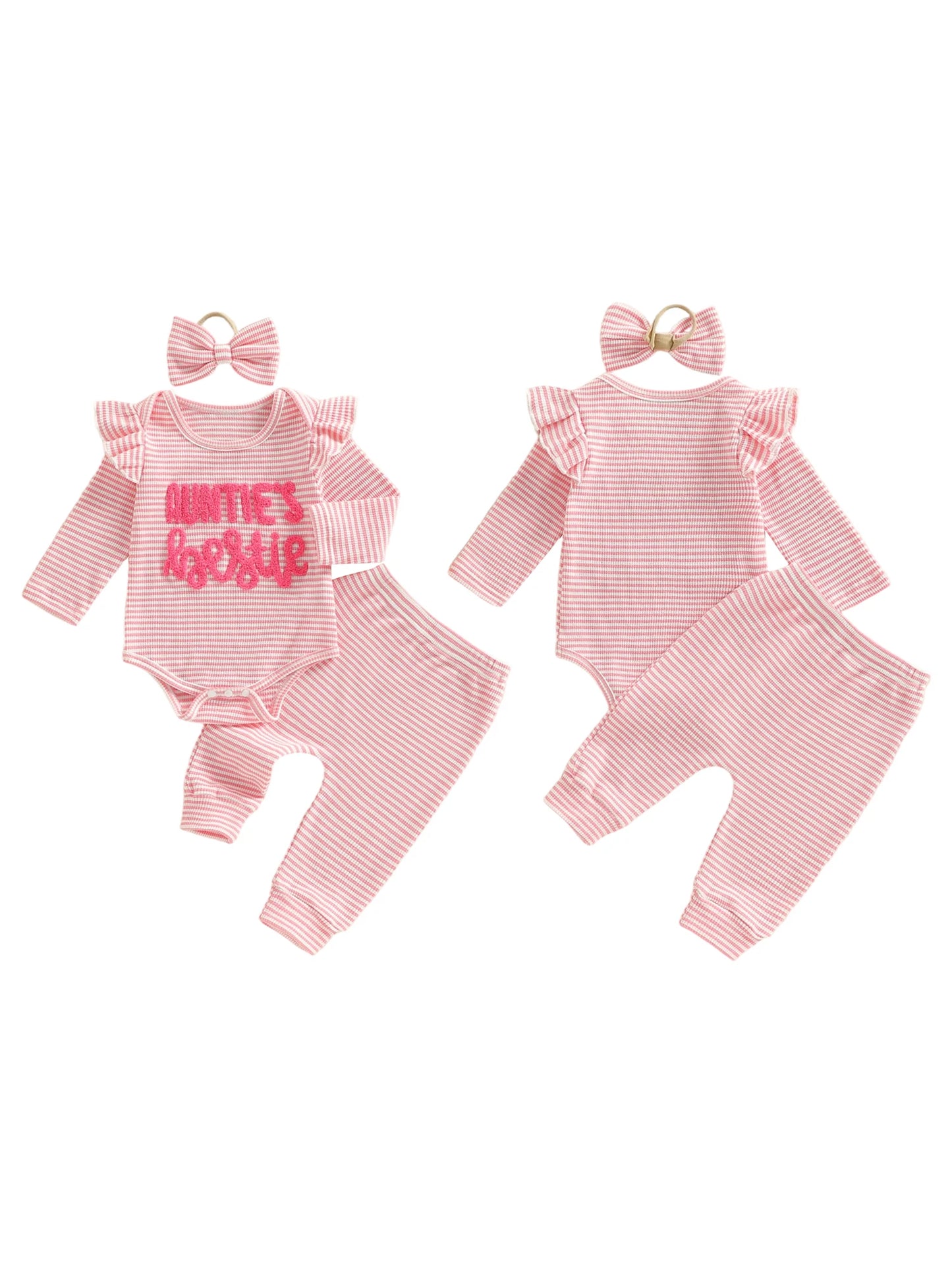 Newborn Baby Girls 3-Piece Outfit Set - Striped Romper, Pants & Headband (0-12M)