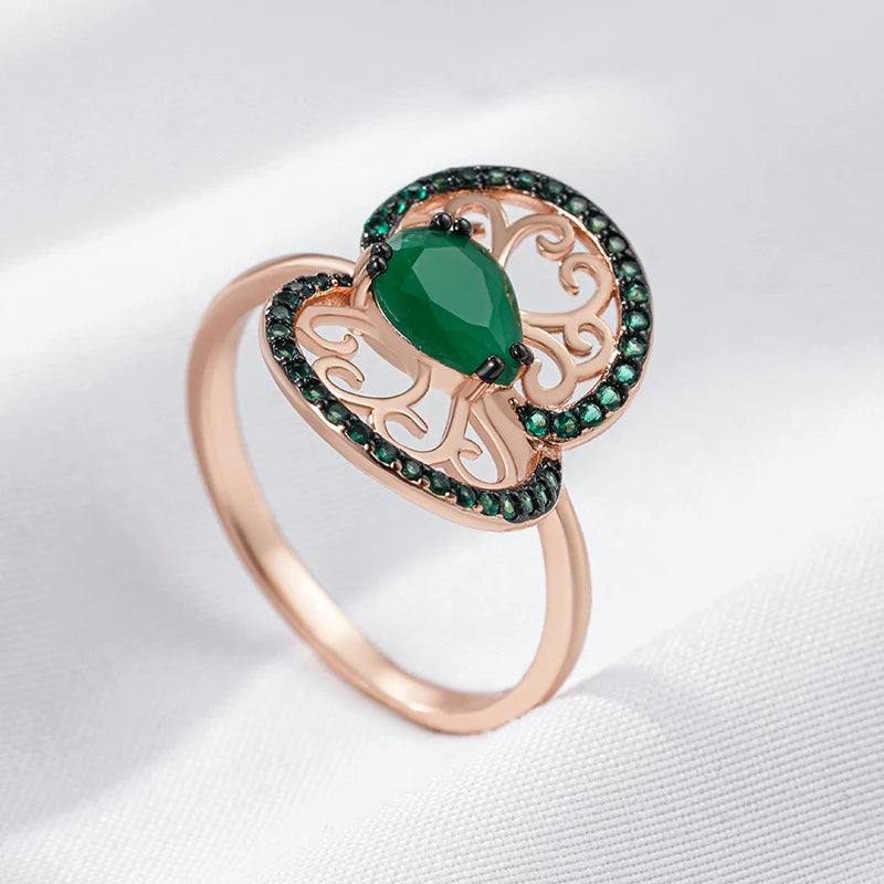 Women 585 Rose Gold and Black Plating Vintage Green Natural Zircon Crystal Flower Rings