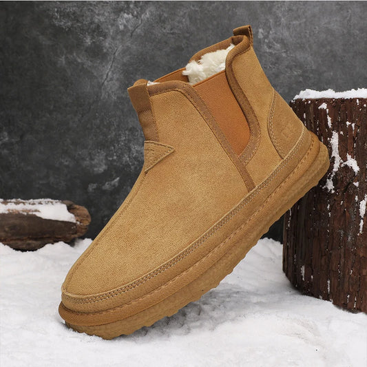 Men's Warm Fur Snow Boots Waterproof Suede Furry Leather Ankle Fluffy Plush Shoes