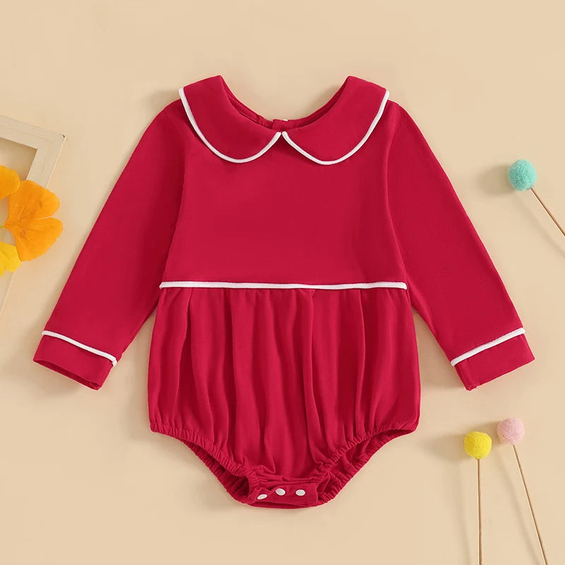 Baby Romper with Doll Collar - Long Sleeve Contrast Line Bodysuit
