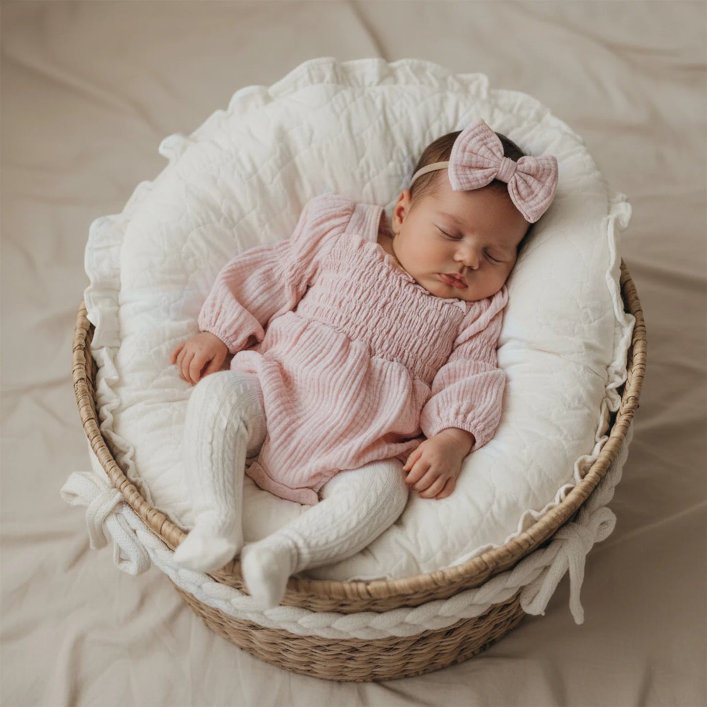 Baby Romper Set - Long Sleeve Smocked Jumpsuit with Headband