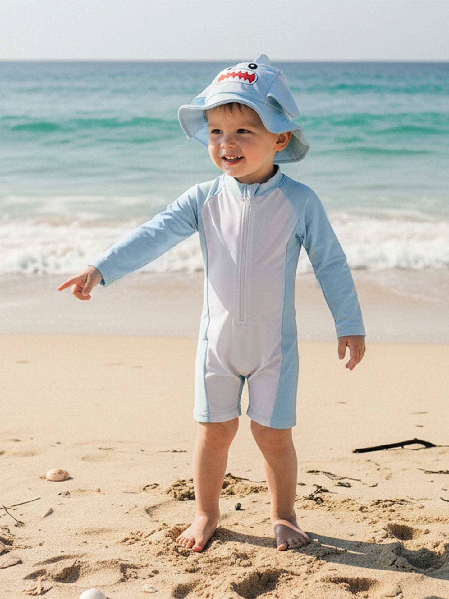 Baby Boys Rash Guard Swimsuit Set - Long Sleeve Zip-Up with Sun Cap