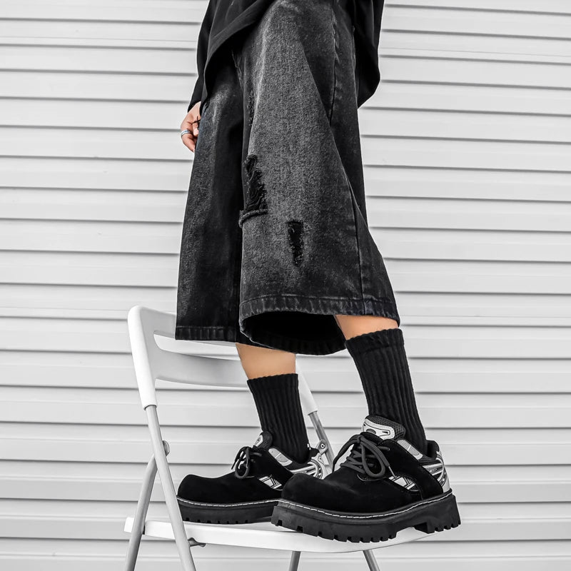 Men's Platform Suede Sneakers - Lace-Up Casual Outdoor Shoes