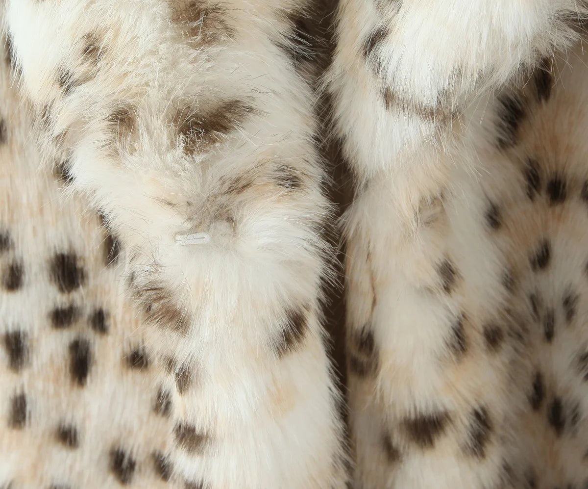 Faux Fur Leopard Print Long Coat - Long Sleeve Loose Warm Winter Outerwear