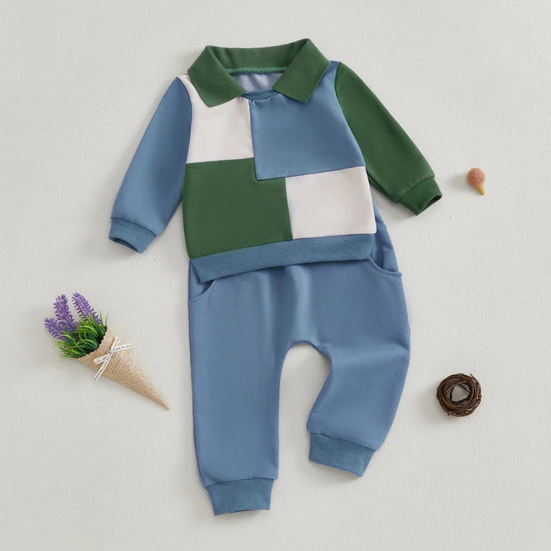 0-3Y Baby Boys 2Pcs Clothes Sets Outfit Long Sleeve Lapel Collared Colour Patchwork Sweatshirt and Pants