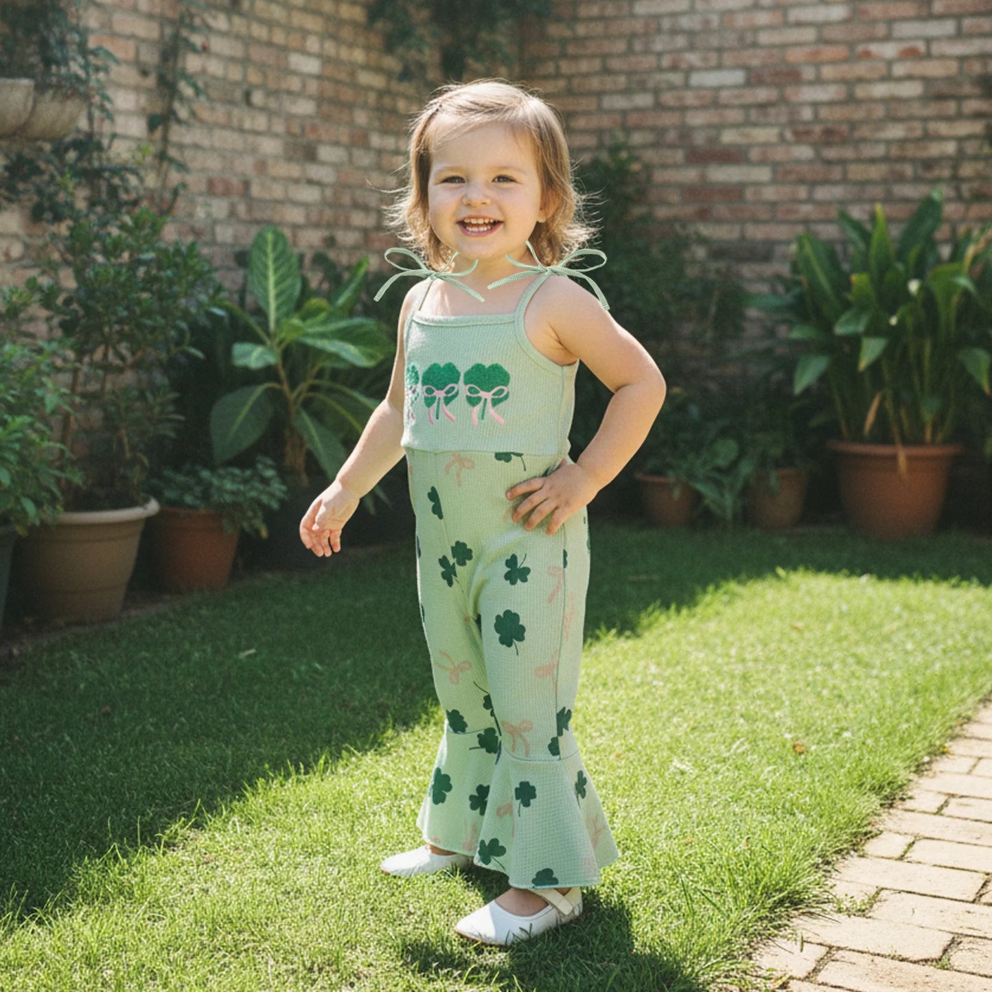 Toddler Kids Irish Flare Pants Overalls - Four-Leaf Clover Bell Bottom Jumpsuit 0-4Y