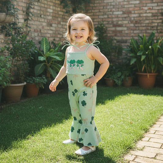 Toddler Kids Irish Flare Pants Overalls - Four-Leaf Clover Bell Bottom Jumpsuit 0-4Y
