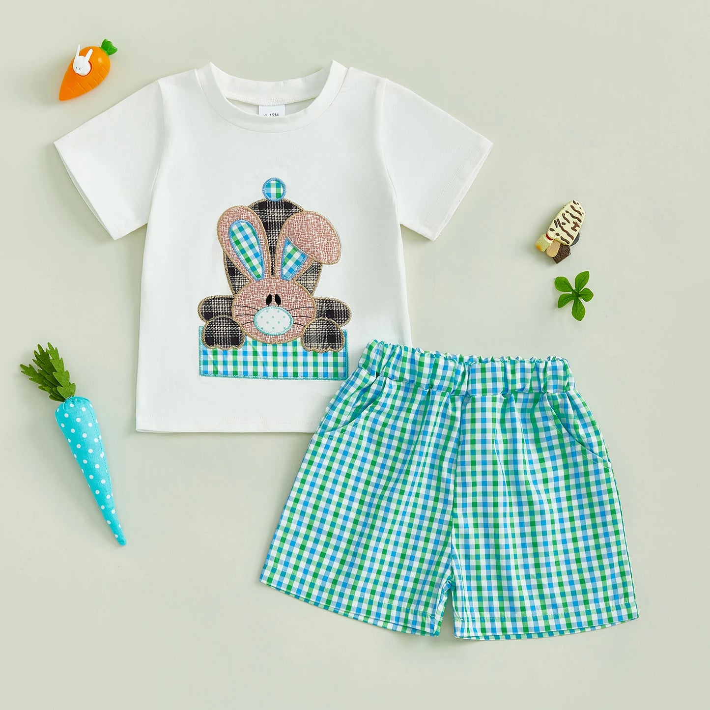0-4Y Toddler Kids Boys Easter Clothes Set 2pcs Rabbit Embroidery Short Sleeve  Plaid T-Shirt with Elastic Waist Shorts