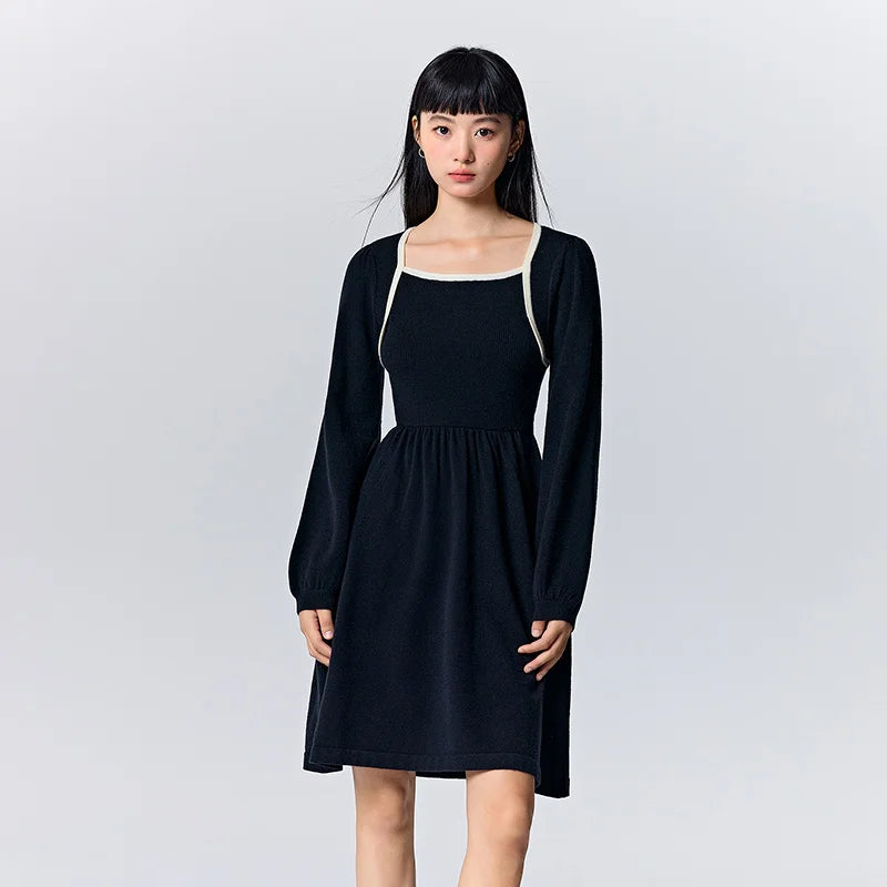 Women's Color Block Knit Dress - Square Neck French Style Slim Fit Winter 2025