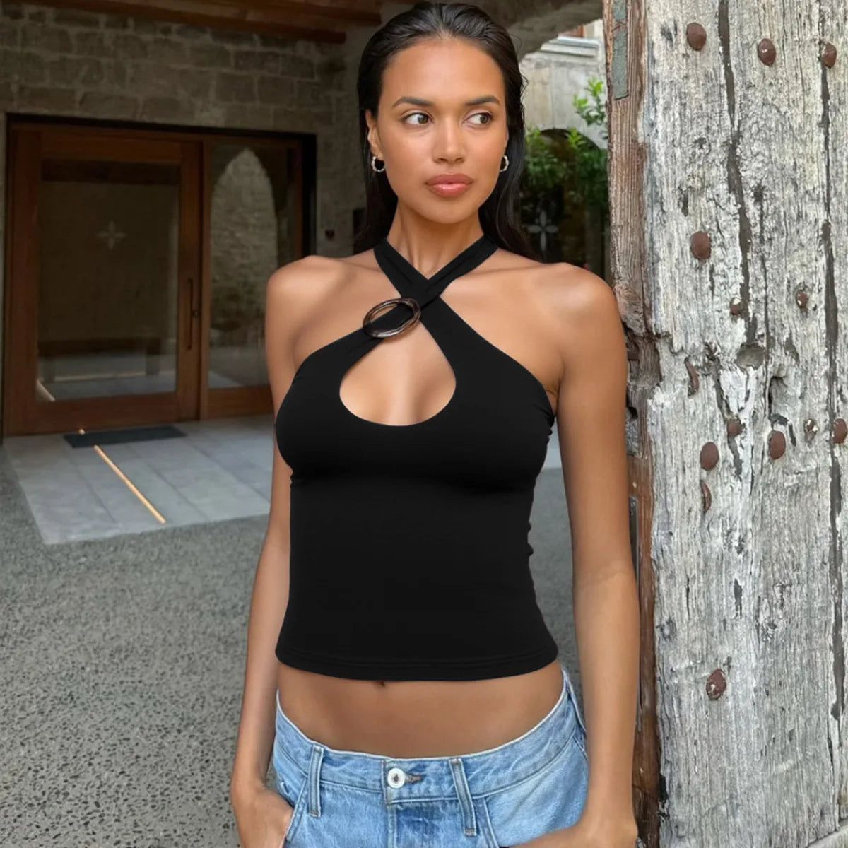 Women's Summer Crossed Ties Crop Top Backless Tank Top Vest
