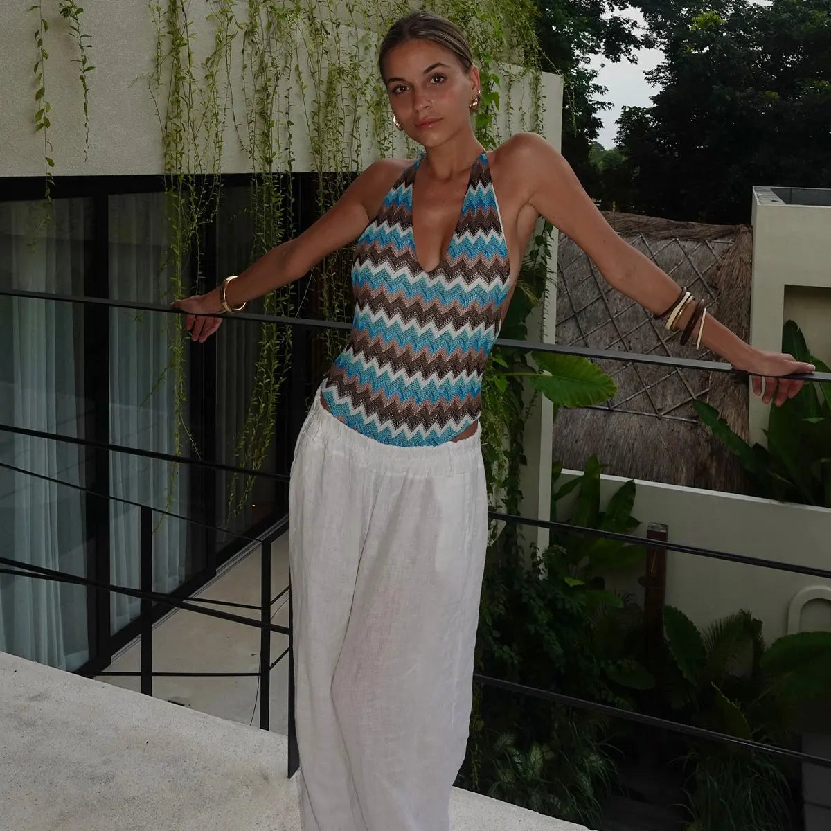 Print V-Neck Halter One-Piece Swimsuit