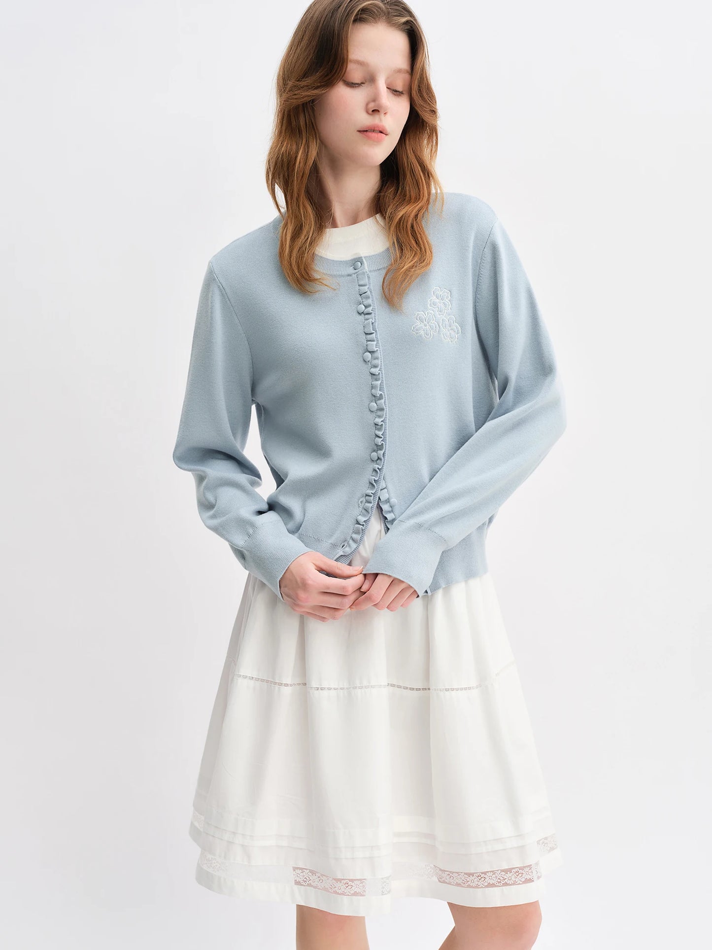 Floral Embroidered Knit Cardigan - Ruffle Trim Loose Fit Cardigan