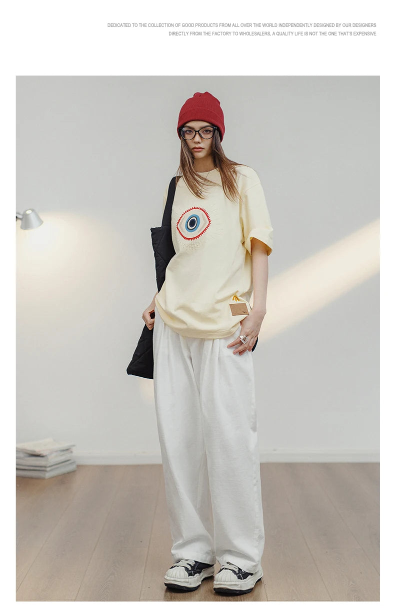 Women's White 100% Cotton Wide-Leg Cargo Trousers | Loose Straight Streetwear Pants