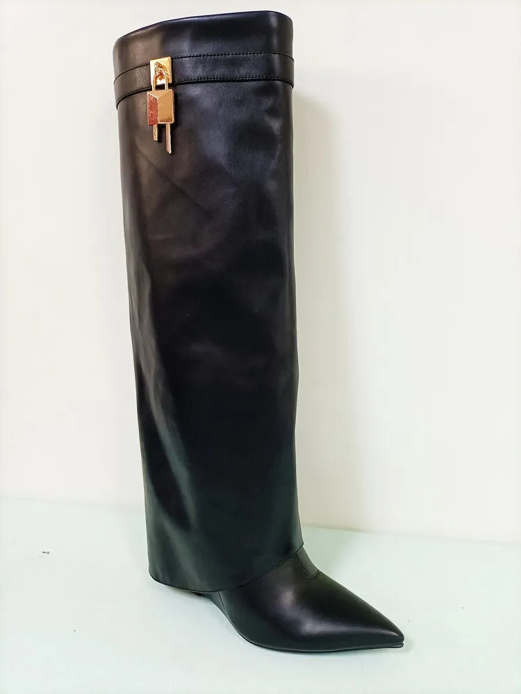 Women's Wedge Leather Mid-Calf Boots - 10cm Heel Metal Buckle Boots