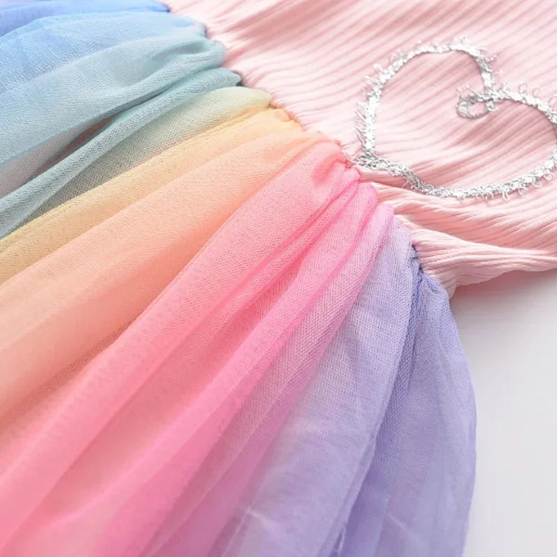 Girls Rainbow Mesh Party Dress – Colourful Sleeveless Summer Dress
