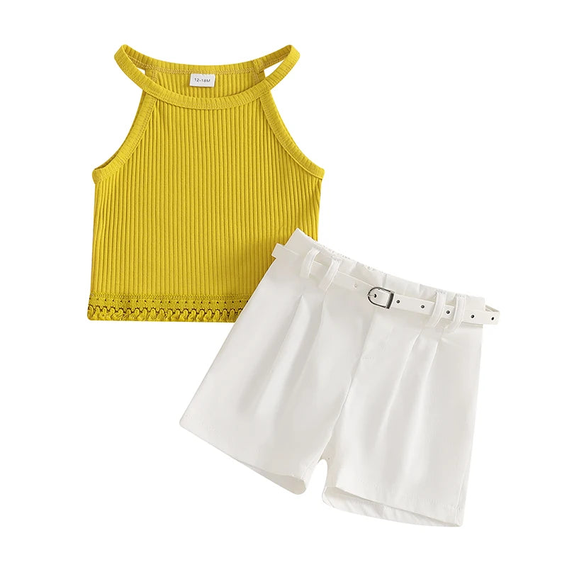 1-5Y Kids Girl's Summer Clothes Set Sleeveless Ribbed Halter Cami Top and Shorts with Belt