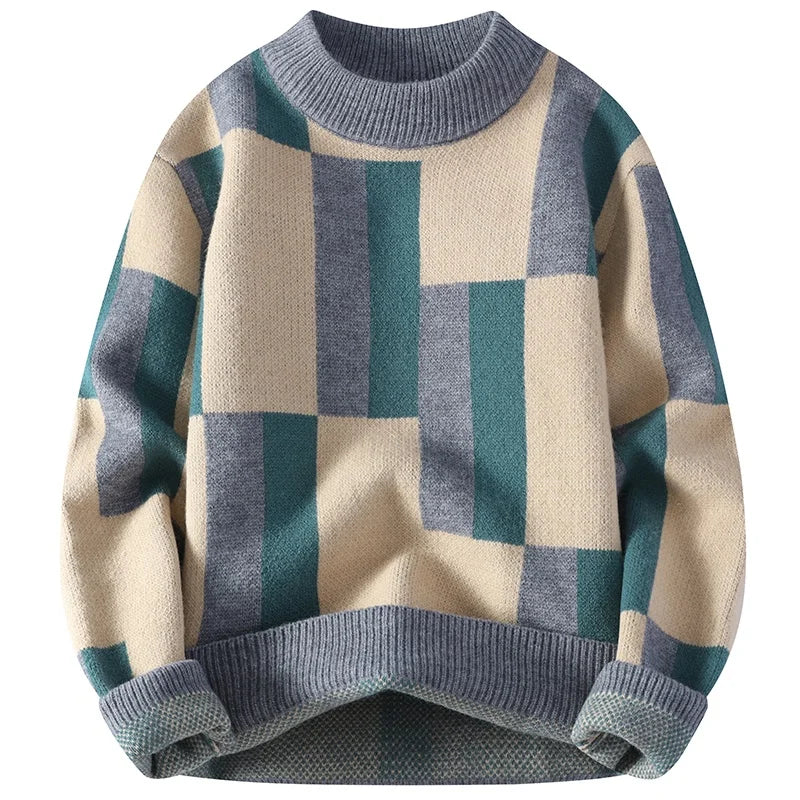 Men's Mock Neck Plaid Knitted Pullover Sweater