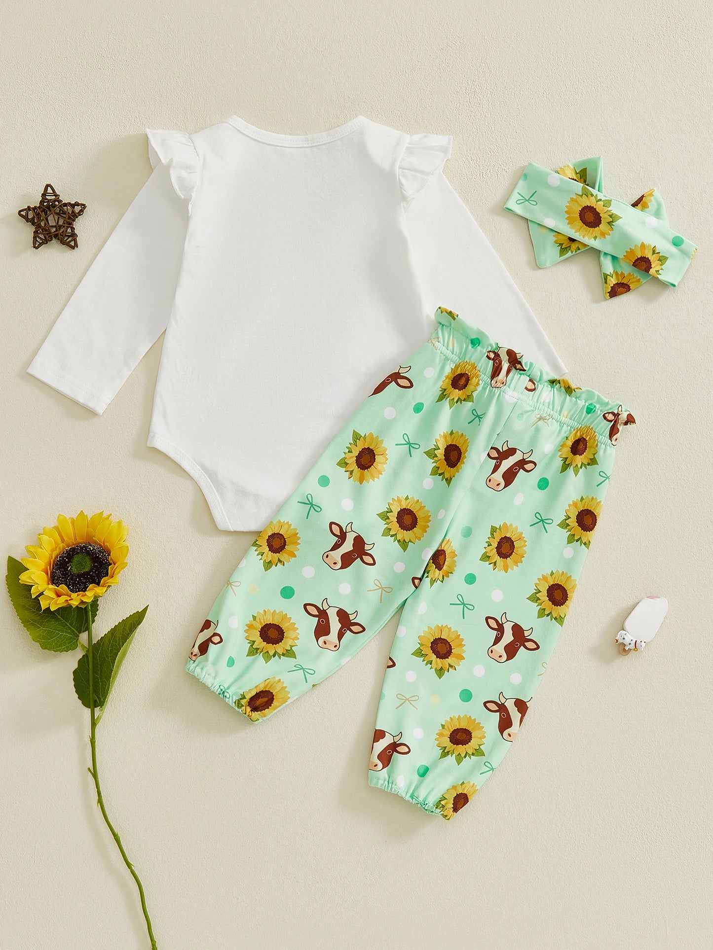 Baby 3-Piece Outfit Set - Cow Print Letter Romper, Pants & Headband