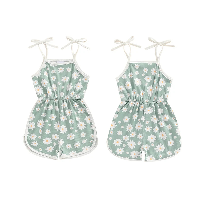 0-5Y  Kids Girls Summer Jumpsuit Shorts 4 Colours Sleeveless Square Neck Floral Print Romper Playsuits