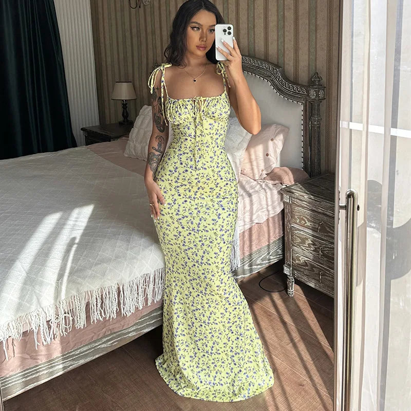 Women's Floral Off Shoulder Lace Up Deep V Neck  Long Dress