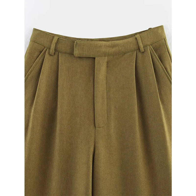 Olive Green Pleated Pants - Mid-Rise Waist Pocket Loose Casual Trousers