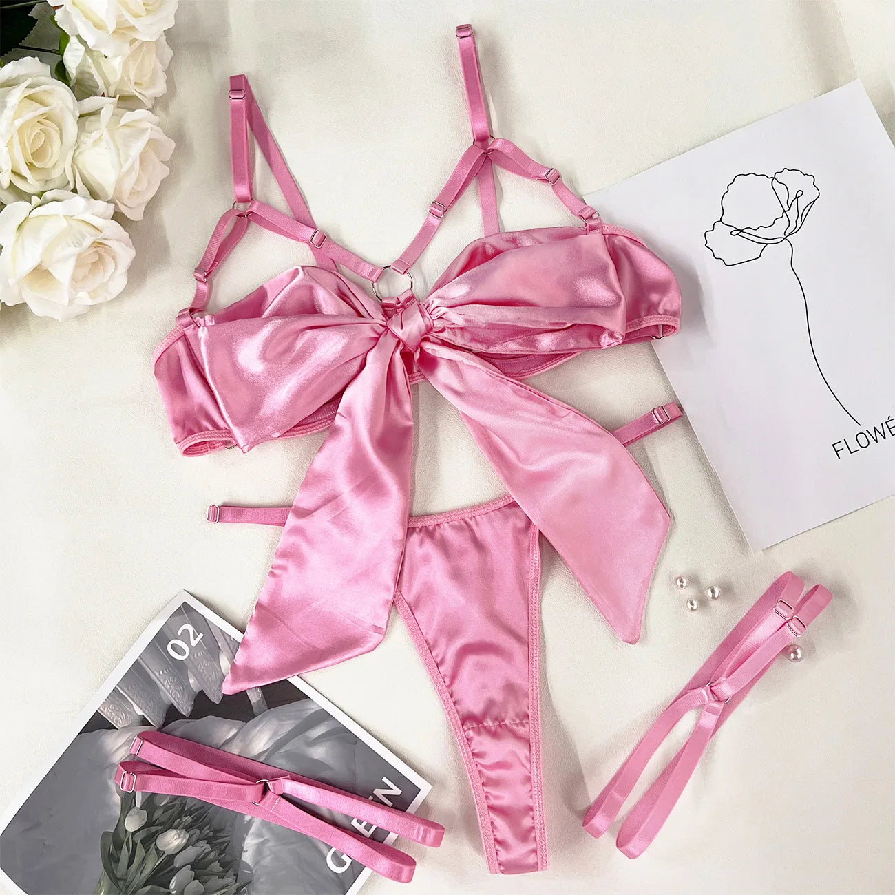 Women's Bowknot Lingerie Open Bra Lace Up Underwear 3-Piece Satin Set