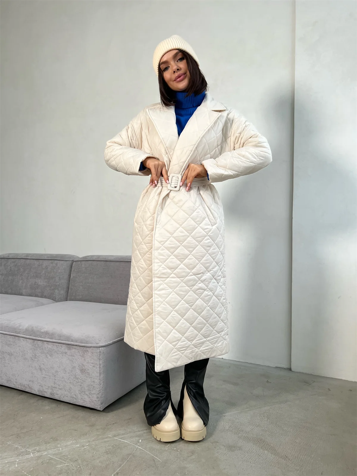 Women's Long Sleeve Parkas Quilted with Belt Trench Coat Warm Down Jacket