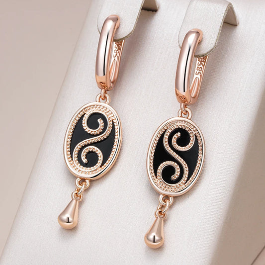 Women's 585 Rose Gold Colour  Vintage Black Stone Dangle Earrings